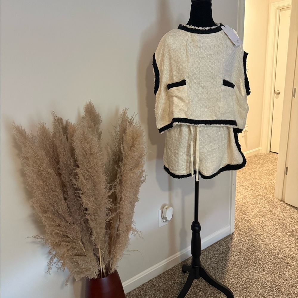 Chic Cream and Black Trim Two-Piece Set (Light Tweed Material)